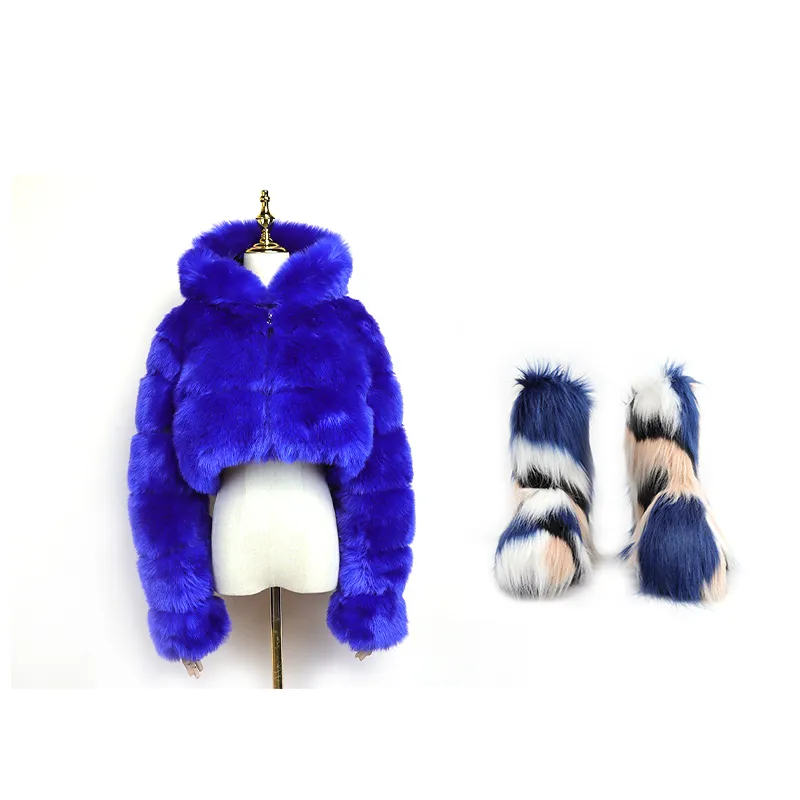 2023 Winter fashion designer lady girls sets furry women shoes snow women's boots with matching fur jacket coat