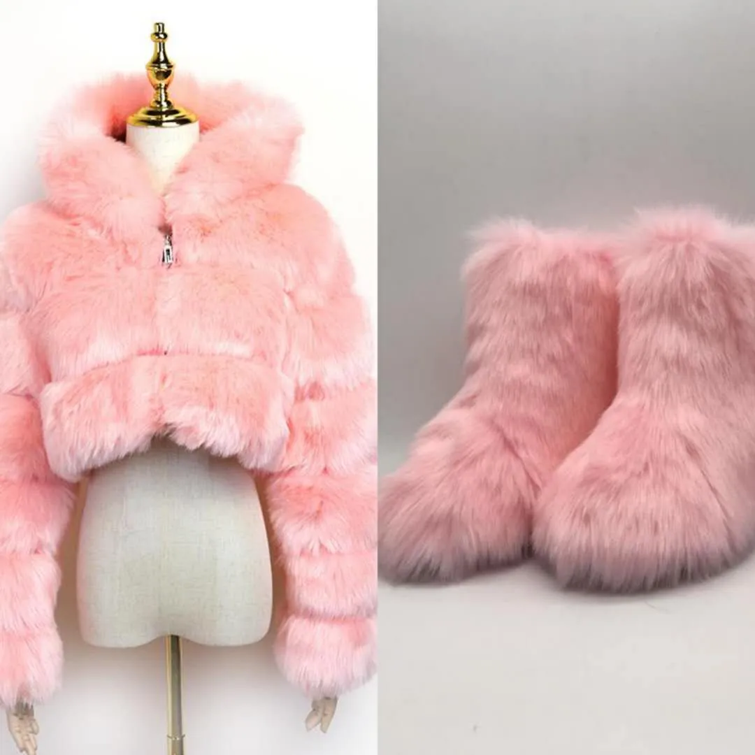 2023 Winter fashion designer lady girls sets furry women shoes snow women's boots with matching fur jacket coat