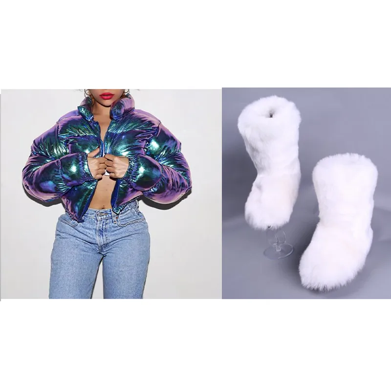 2023 Winter fashion designer lady girls sets furry women shoes snow women's boots with matching fur jacket coat