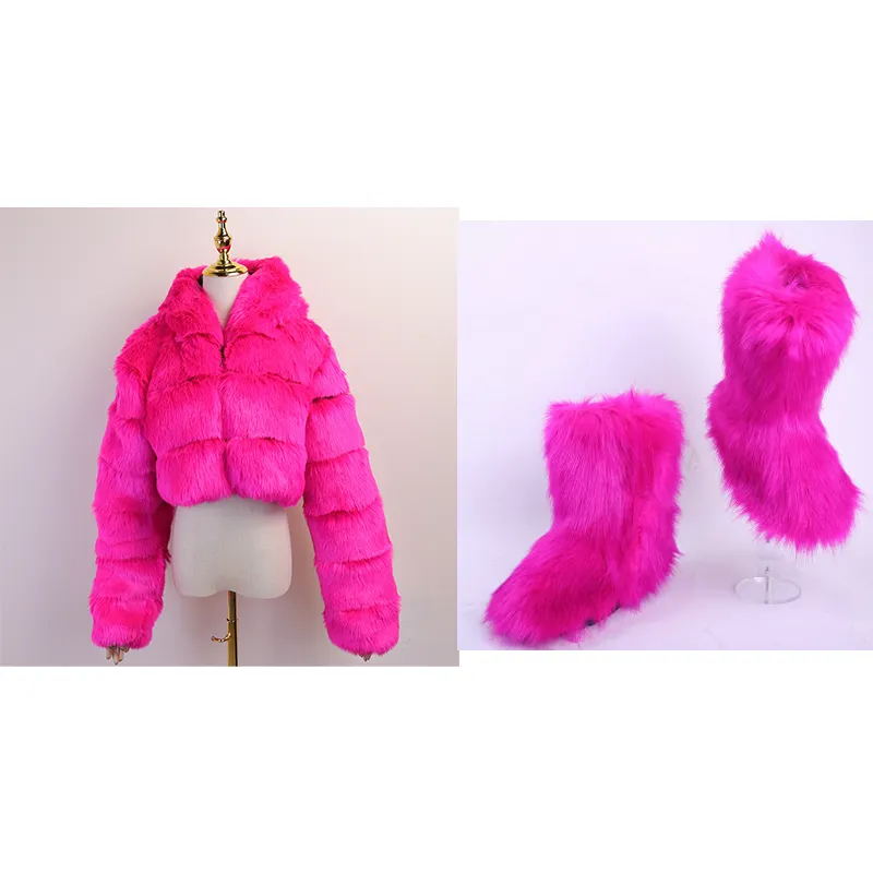 2023 Winter fashion designer lady girls sets furry women shoes snow women's boots with matching fur jacket coat