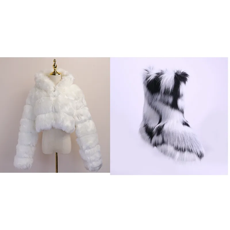 2023 Winter fashion designer lady girls sets furry women shoes snow women's boots with matching fur jacket coat