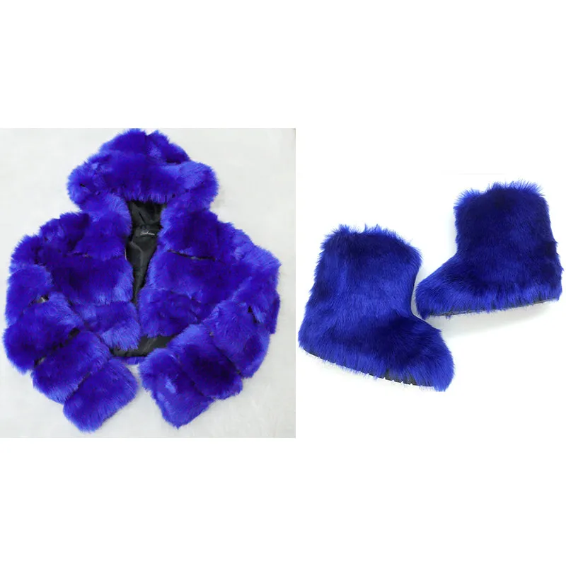 2023 Winter fashion designer lady girls sets furry women shoes snow women's boots with matching fur jacket coat