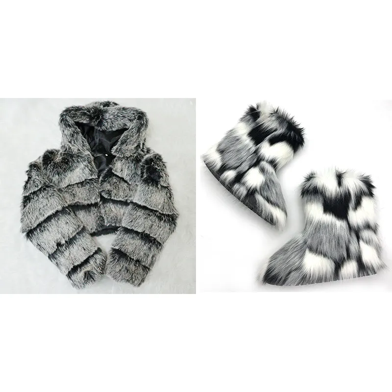 2023 Winter fashion designer lady girls sets furry women shoes snow women's boots with matching fur jacket coat