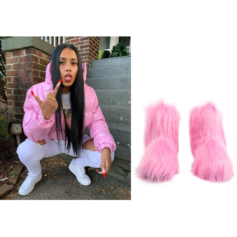 2023 Winter fashion designer lady girls sets furry women shoes snow women's boots with matching fur jacket coat