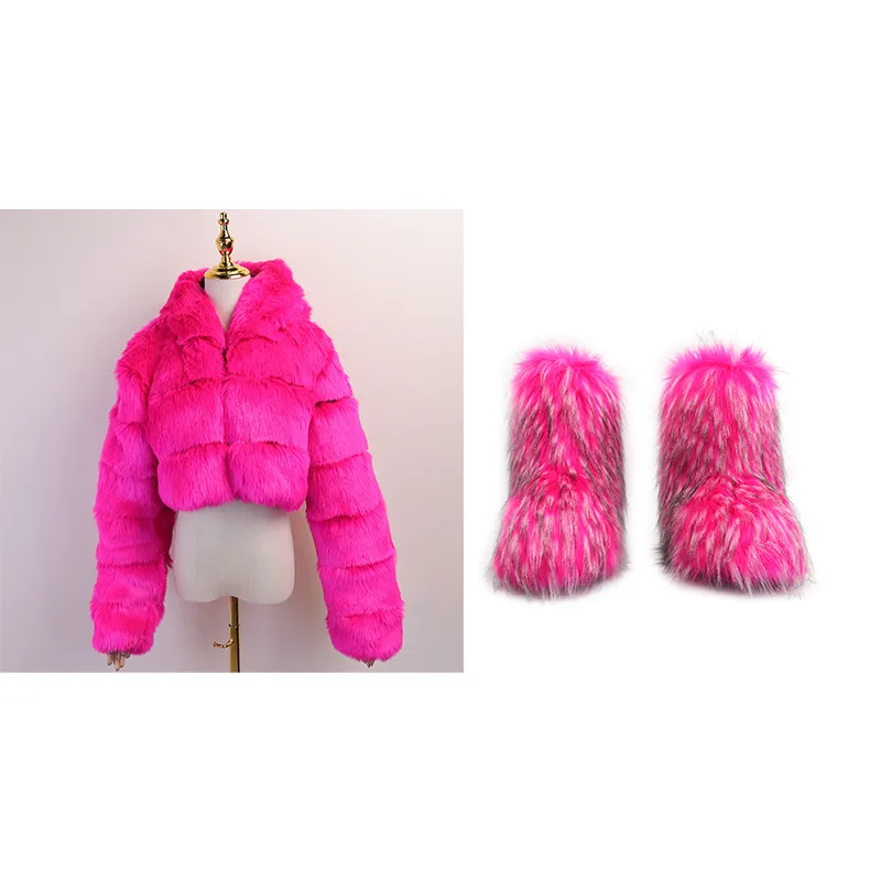 2023 Winter fashion designer lady girls sets furry women shoes snow women's boots with matching fur jacket coat