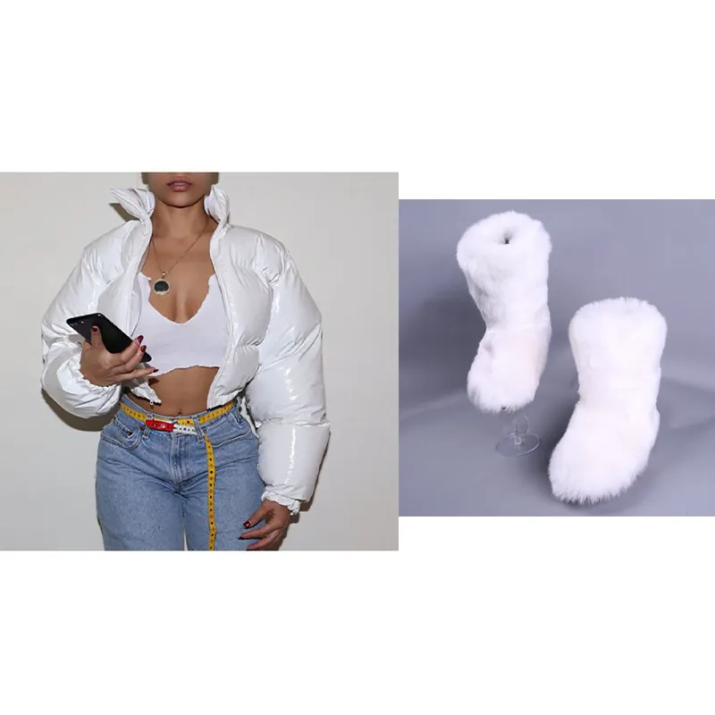 2023 Winter fashion designer lady girls sets furry women shoes snow women's boots with matching fur jacket coat