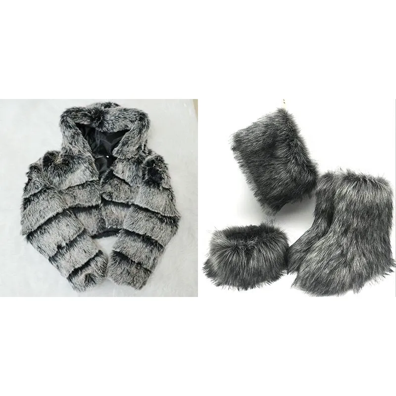 2023 Winter fashion designer lady girls sets furry women shoes snow women's boots with matching fur jacket coat
