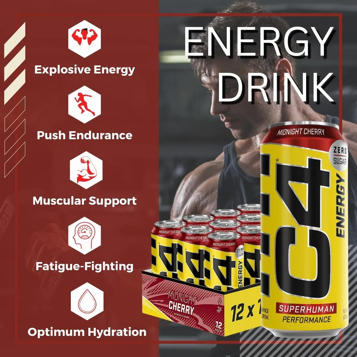 Cellucor C4 Original Energy Drink, Enhance Endurance, Performance and Muscle Support, Hydration, 16oz, 3-12 cans