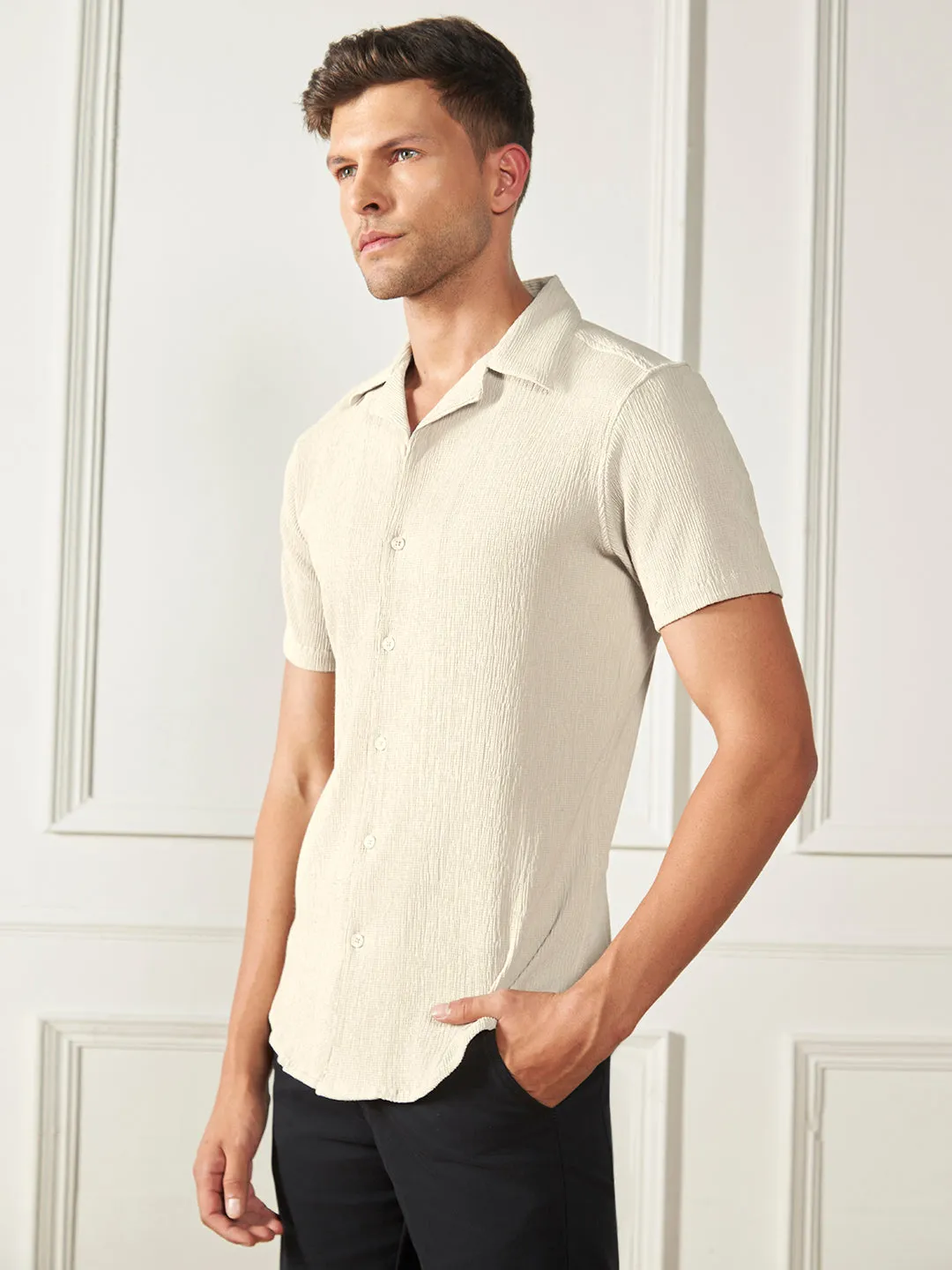 Men's Beige Cuban collar Textured Cotton Poly Casual Shirt