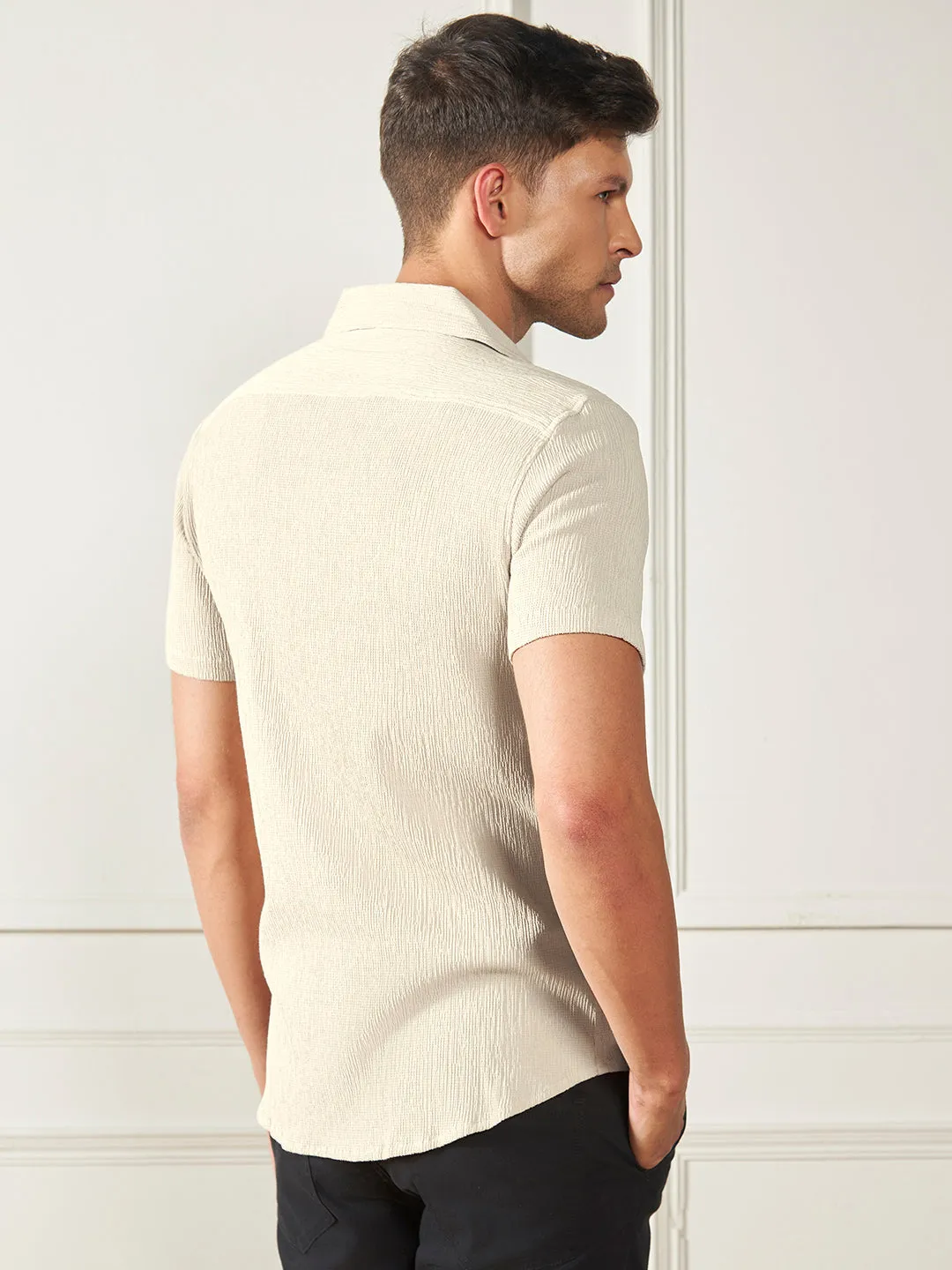 Men's Beige Cuban collar Textured Cotton Poly Casual Shirt