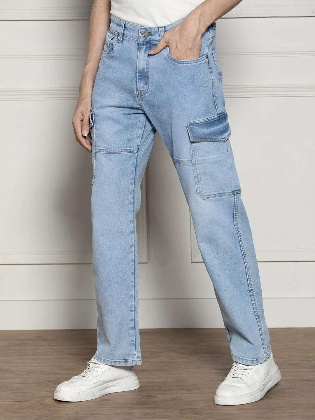 Men's Light Blue Relaxed Fit Light Fade Stretchable Jeans