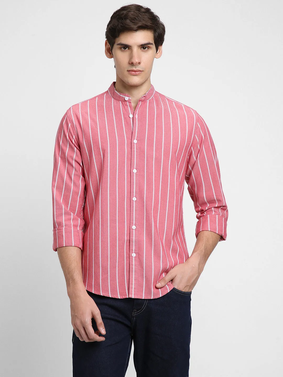 Men's Mandarin Collar Slim Fit Stripes Pink Casual Shirts