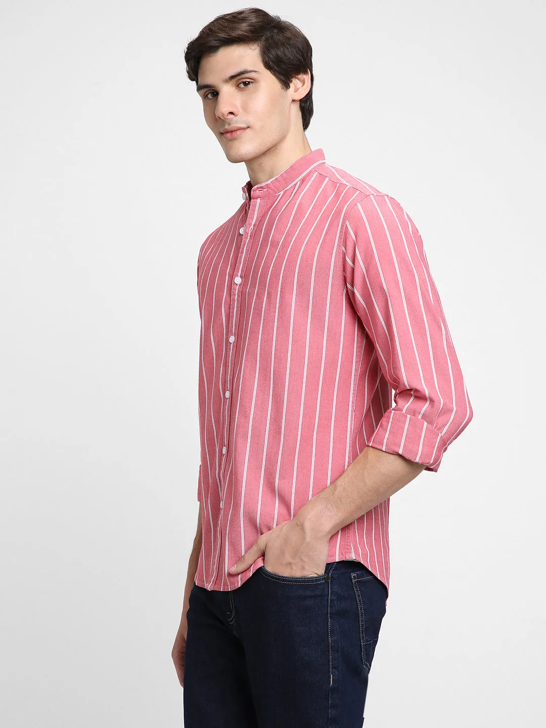 Men's Mandarin Collar Slim Fit Stripes Pink Casual Shirts