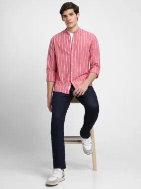 Men's Mandarin Collar Slim Fit Stripes Pink Casual Shirts