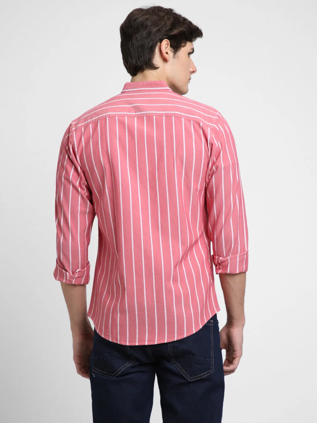 Men's Mandarin Collar Slim Fit Stripes Pink Casual Shirts