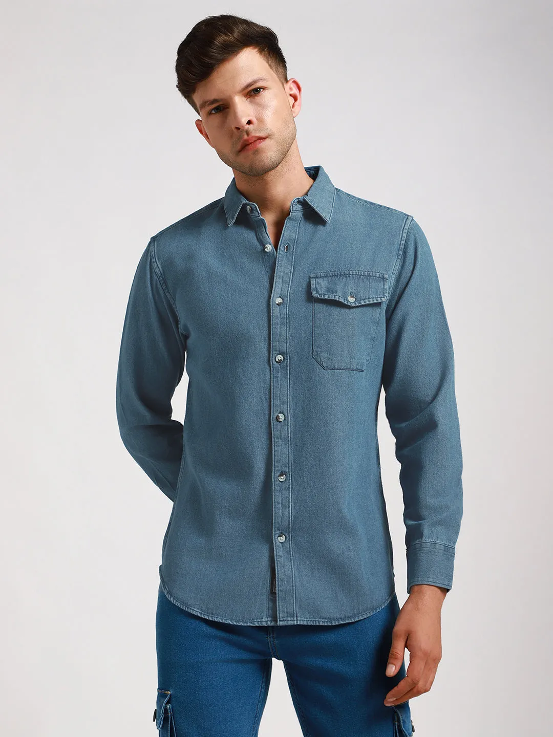 Men's Regular Collar Slim Fit Washed Indigo Denim Shirt