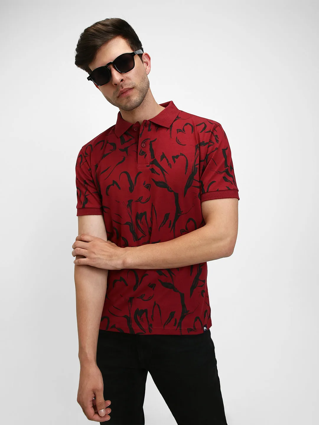 Men's Spread Collar Slim Fit Aop Maroon T-shirt