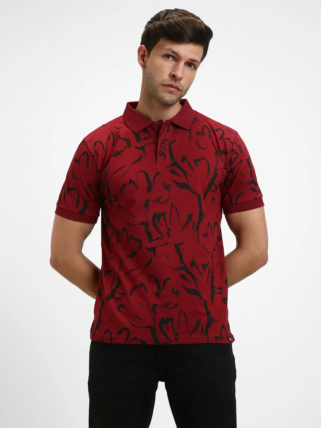 Men's Spread Collar Slim Fit Aop Maroon T-shirt