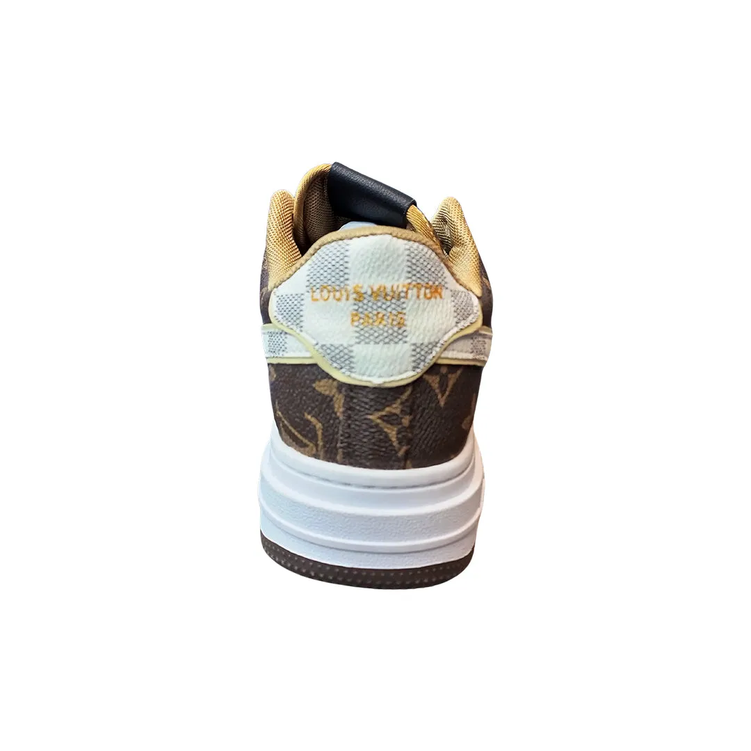 NK LV-Inspired Monogram Pattern Brown White | Luxury Casual Sneakers for Men & Women | Stylish Designer Shoes | Available in Pakistan