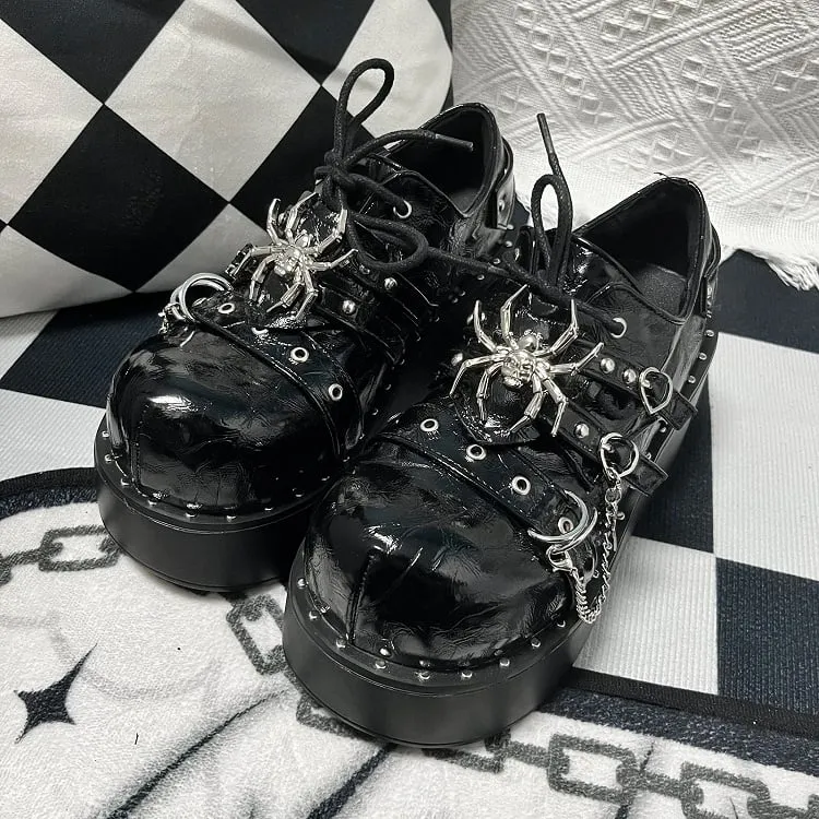 Punk Textured Black Spider Design Buckle Strap Stud Platform Shoes