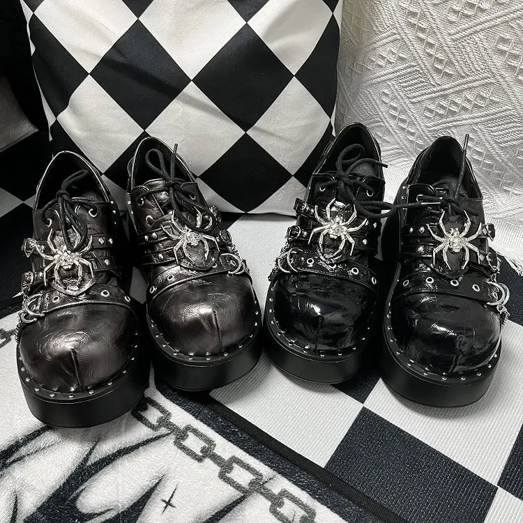 Punk Textured Black Spider Design Buckle Strap Stud Platform Shoes