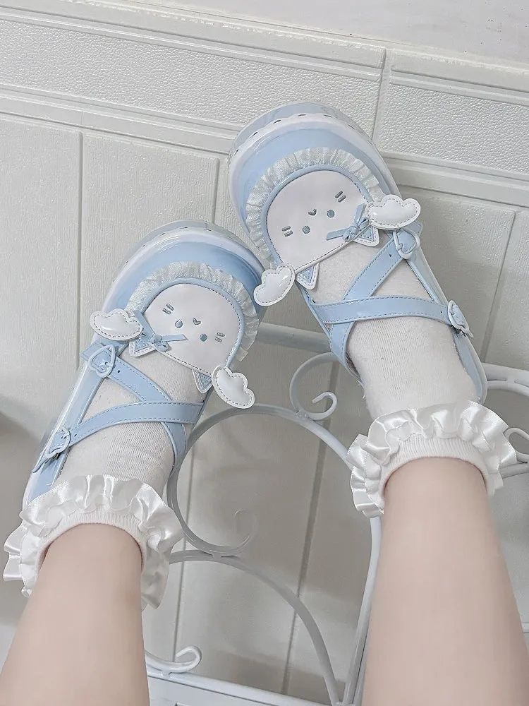 Tenshi Kaiwai Blue Round Toe Kitty Angel Heart Buckle Platform Lolita Shoes