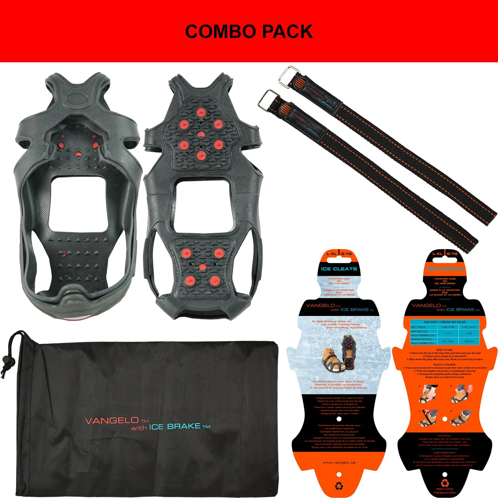 VANGELO Tungsten Ice Cleats with Straps for Winter Boots and Shoes
